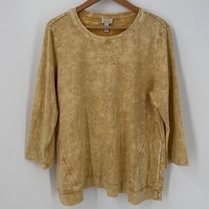 LOGO Lounge Lori Goldstein Acid Wash Top Shirt Womens Large Yellow Artsy Boho